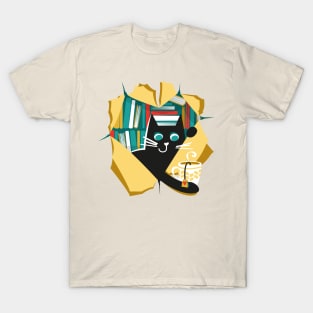 Bookish cat // black cat with tea mug teal neon red white and yellow books T-Shirt